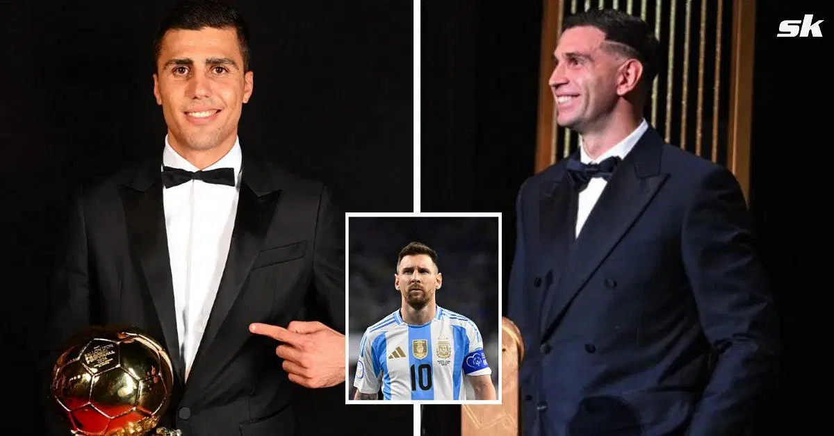 Rodri (left), Lionel Messi (middle) and Emiliano Martinez (right) (images via Getty and Instagram/ballondorofficial and championsleague)