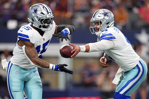 Ezekiel Elliott, left, Dak Prescott, right during Baltimore Ravens v Dallas Cowboys - Source: Getty