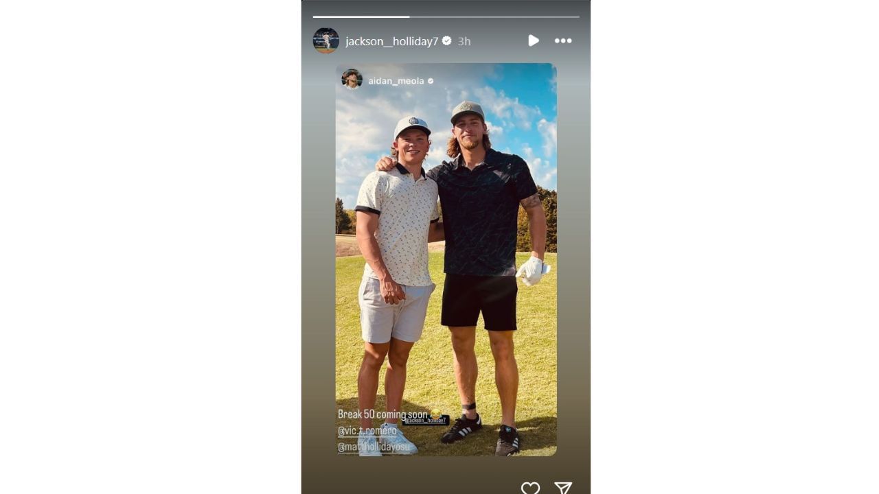 "Break 50 coming soon" Jackson Holliday strikes a pose with Oklahoma State Big 12 champ Aidan