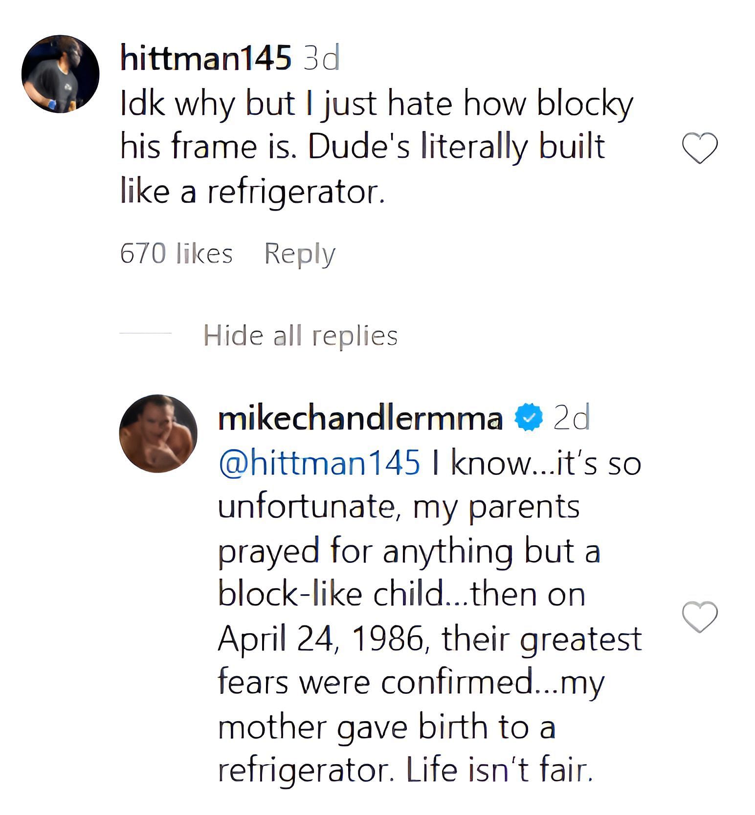 Michael Chandler&#039;s reply to the fan who compared his physique to a refrigerator. [Screenshot Courtesy: @espnmma on Instagram