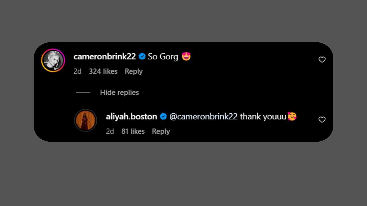 Cameron Brink comments on Boston&#039;s Ig post. (Credits: aliyah.boston/Instagram)