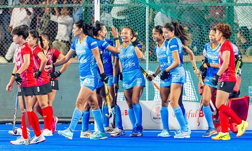 Indian team celebrates a goal against Thailand