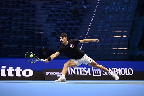 Carlos Alcaraz pictured practicing at the 2024 Nitto ATP Finals [Image Source: Getty Images]