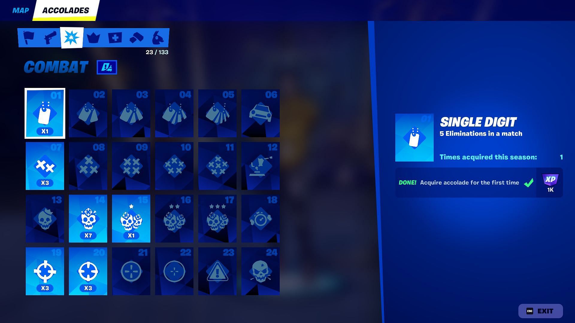 List of all Combat Accolades in Fortnite Chapter 2 Remix (Image via Epic Games)