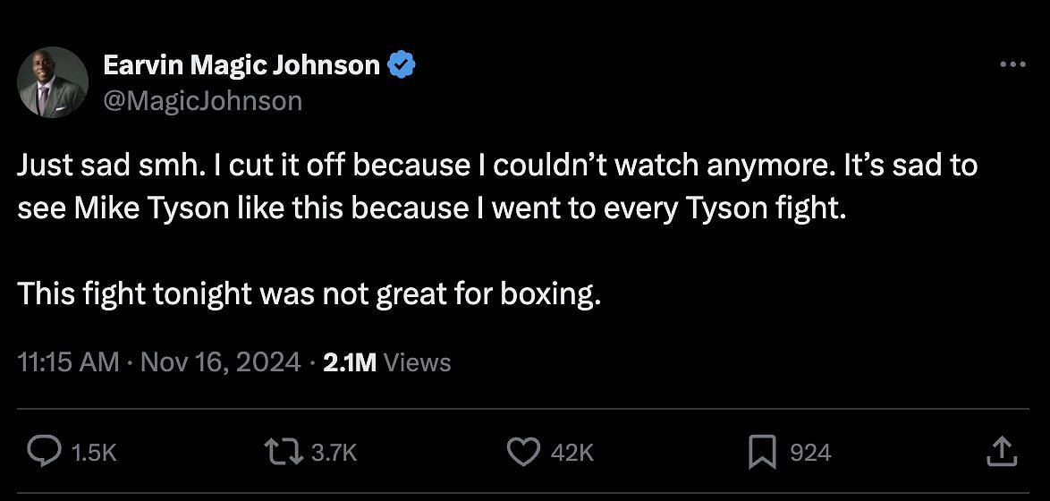 Magic Johnson&#039;s reaction to Jake Paul vs. Mike Tyson boxing match. (Image vi@MagicJohnson/X)