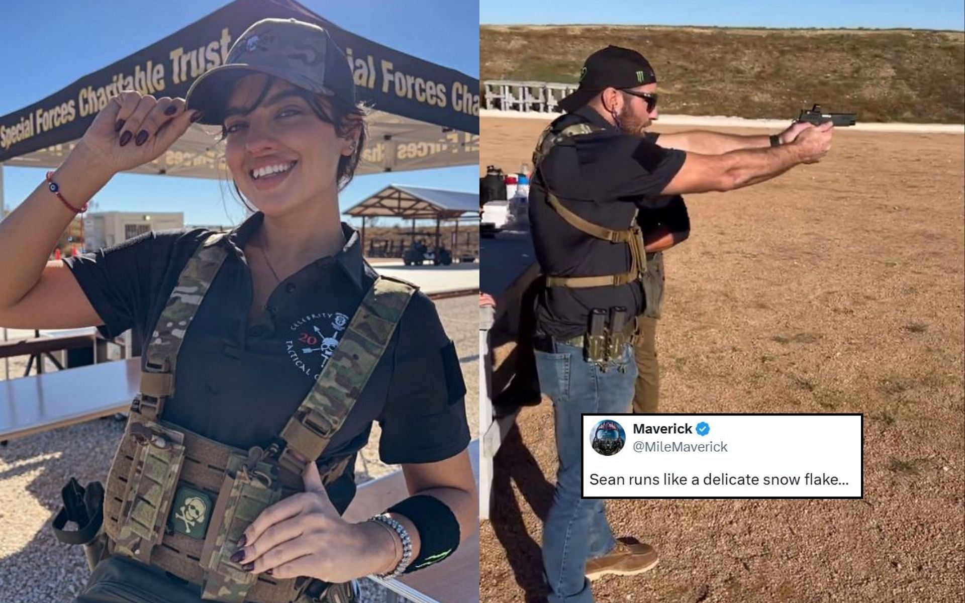 Fans react (insert) to Nina-Marie Daniele (left) and Sean Strickland (right) teaming up for a celebrity charity special forces competition. [Image credit: @ninadrama on X]