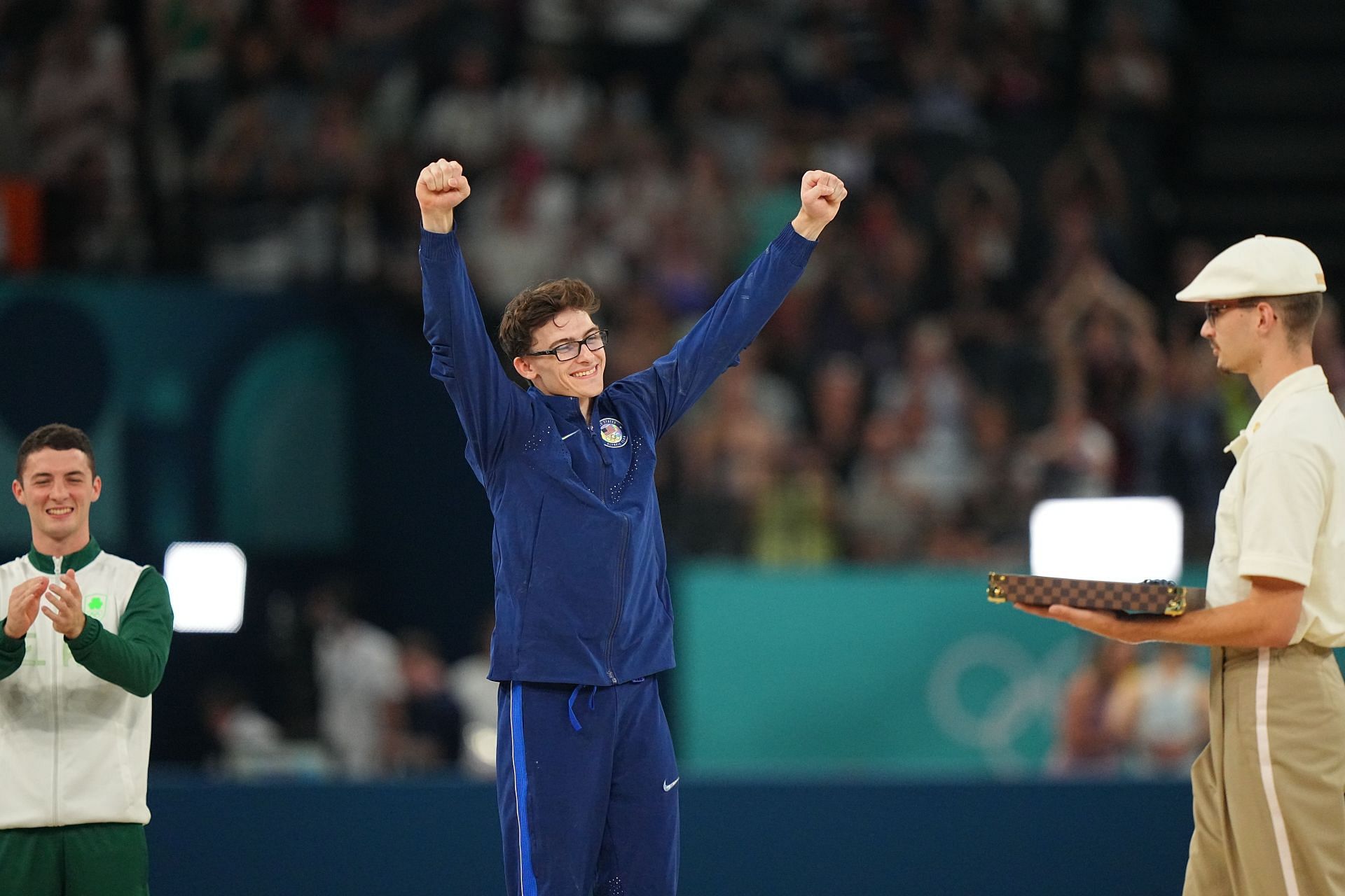 Stephen Nedoroscik at the podium after winning the bronze medal in the men&#039;s Pommel Horse event at the Paris Olympics 2024 [Image Source : Getty]