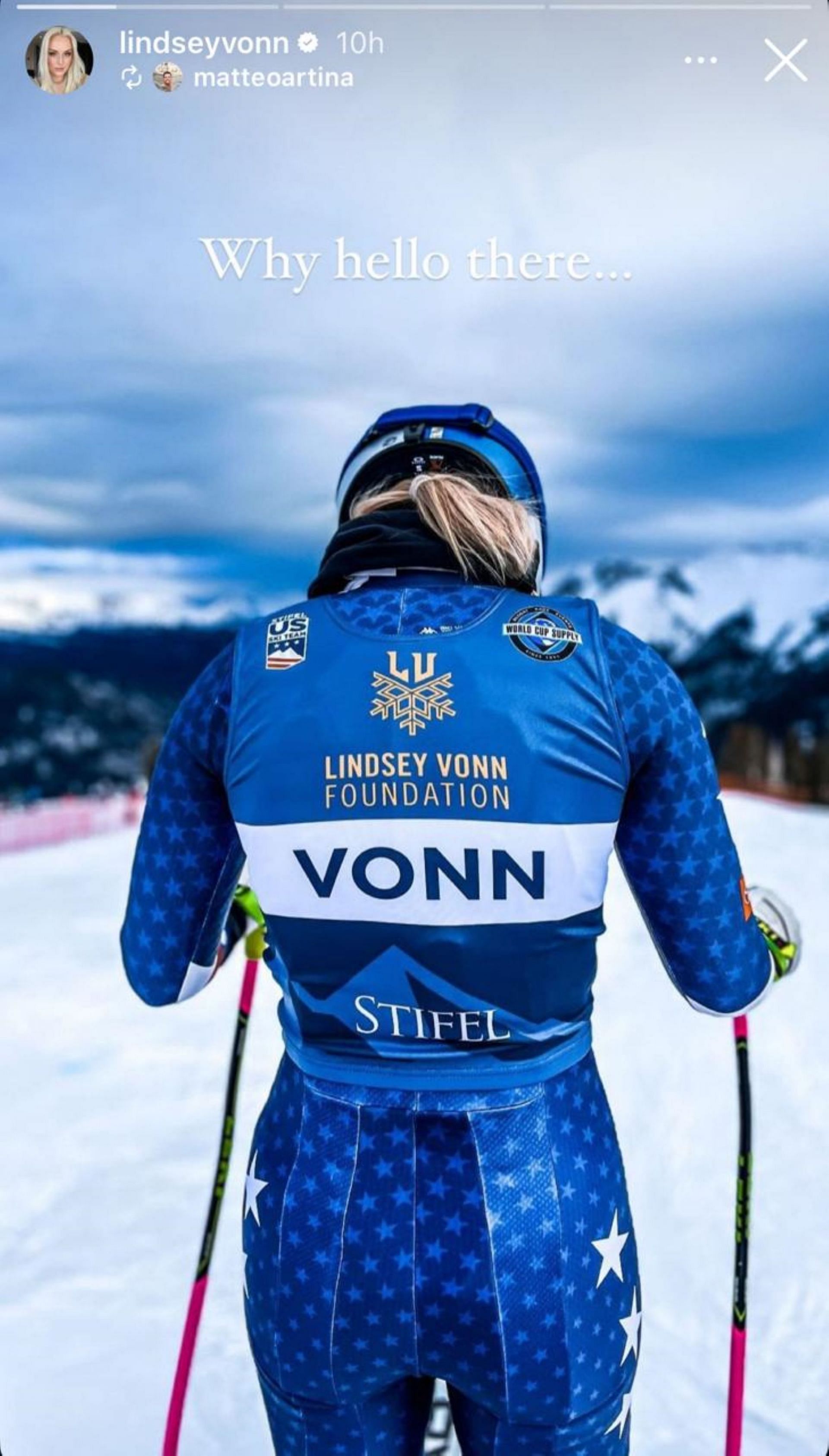 Lindsey Vonn in Stifel US Ski team jersey for the 2024/25 season; Instagram - @lindseyvonn