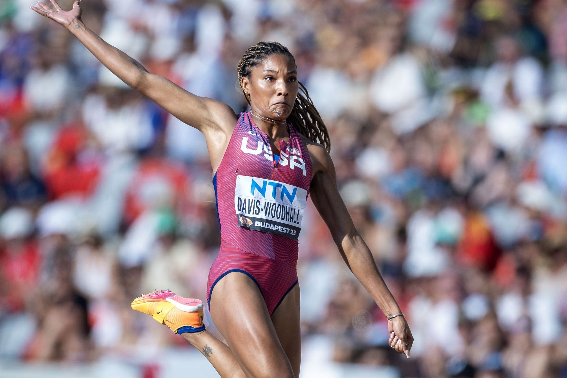 Tara Davis-Woodhall during her long jump at the 2023 World Championships in Budapest (Image via Getty Images)