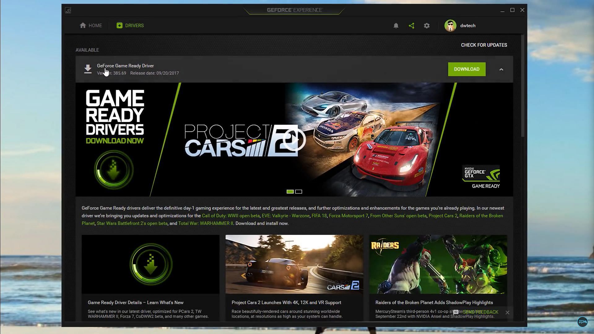 The Geforce Experience drivers page (Image via @VideoBlindGamesTech/YouTube)