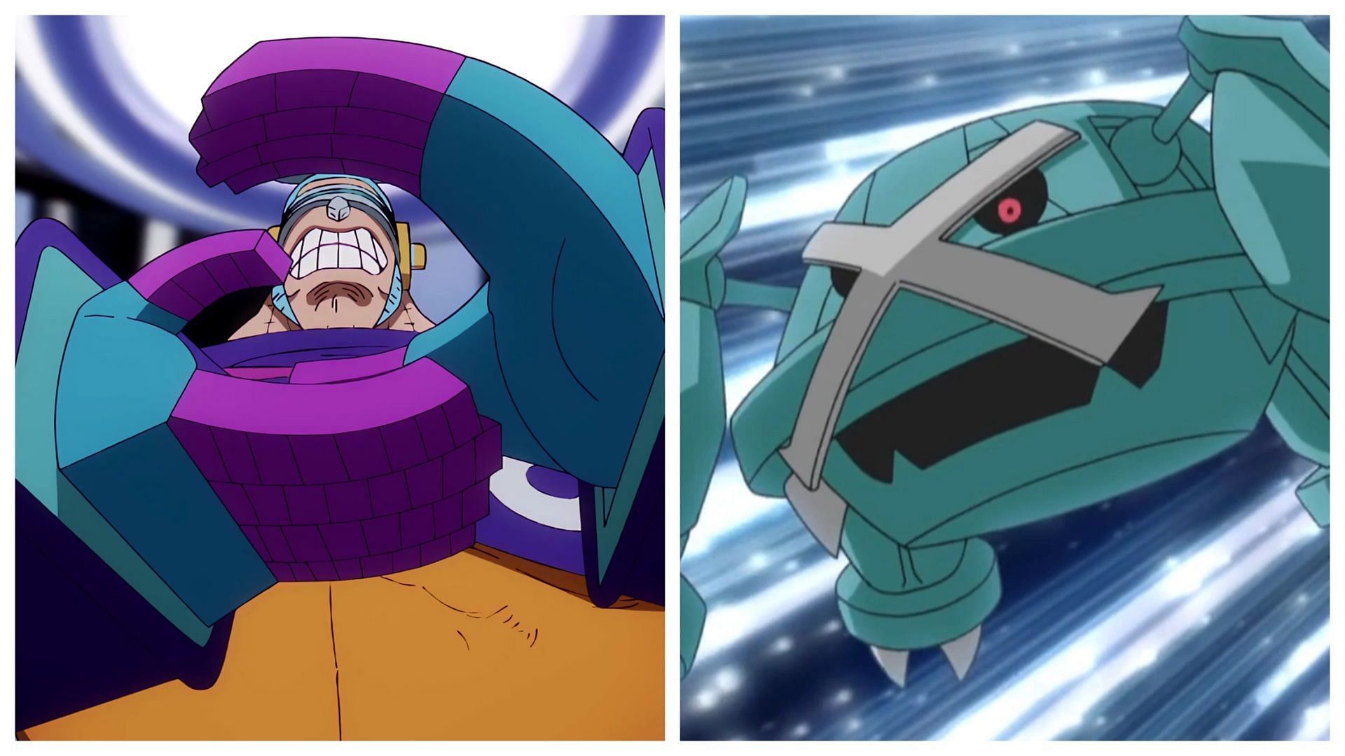 Franky in One Piece and Metagross in Pok&eacute;mon (Image via Toei Animation/The Pok&eacute;mon Company)