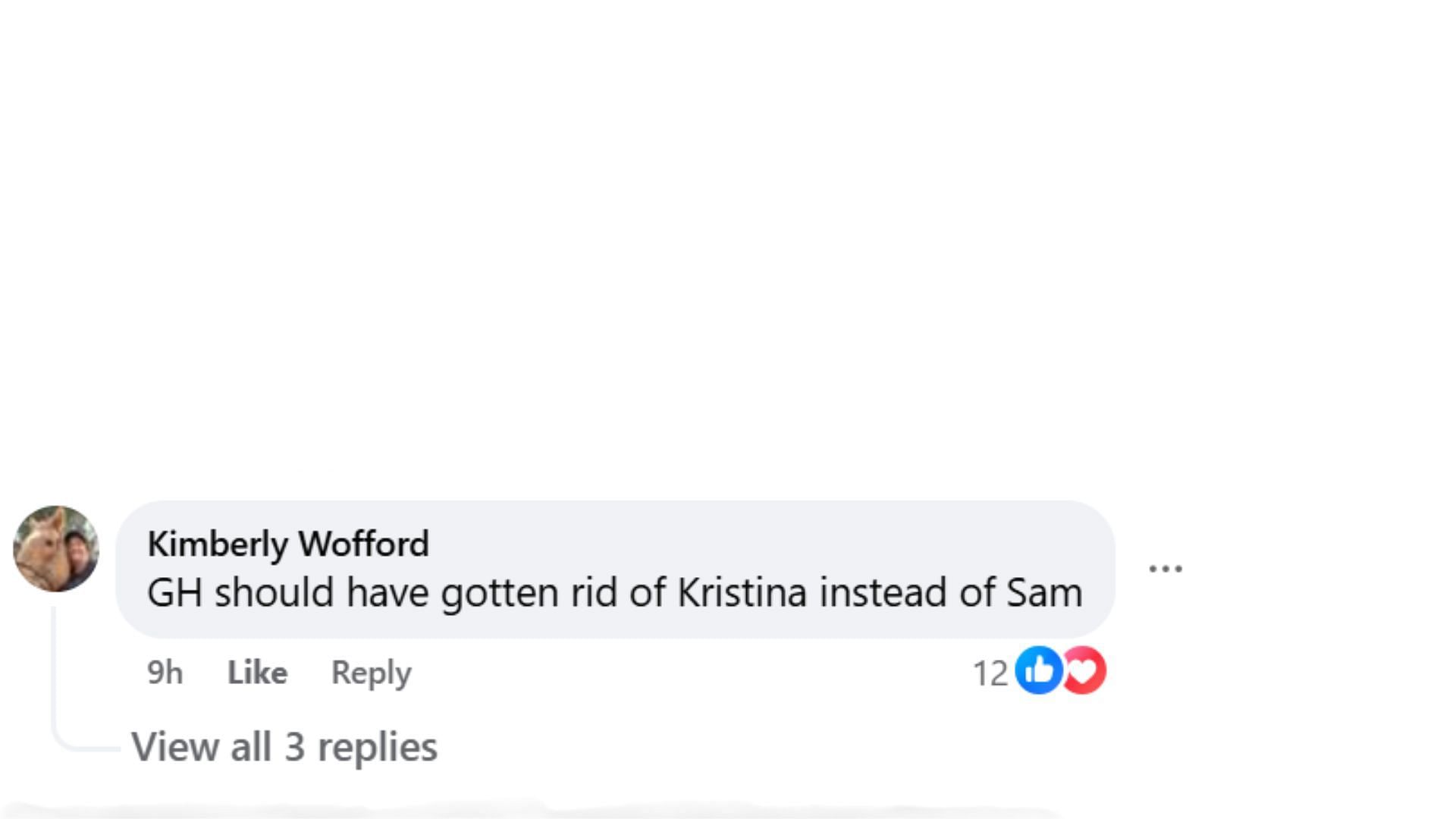 Fan&#039;s comment after Kristina&#039;s reaction to Sam&#039;s death (Image via Facebook/General Hospital Fans)