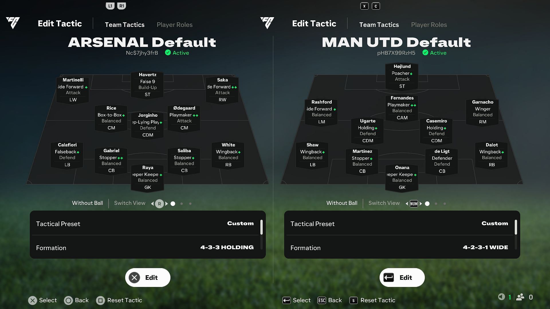 Arsenal vs Manchester United: Default Player Roles (Image via EA Sports)