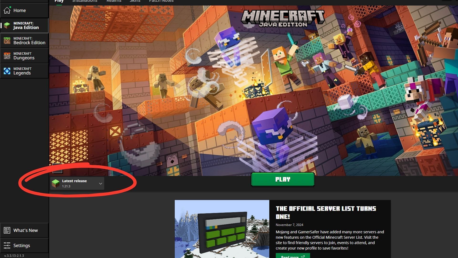 The latest version of Minecraft is displayed in the dropdown (Image via Mojang Studios)