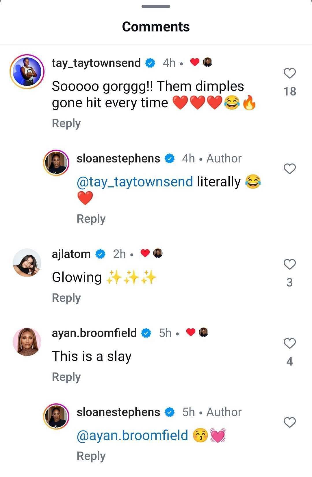 Taylor Townsend, Ajla Tomljanovic &amp; Ayan Broomfield react to Sloane Stephens&#039; Beautycon look. (Image: Instagram @sloanestephens)