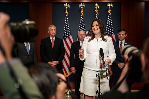 Stefanik in 2021 GOP Conference Chair Election (Image via Getty/Kent Nishimura)