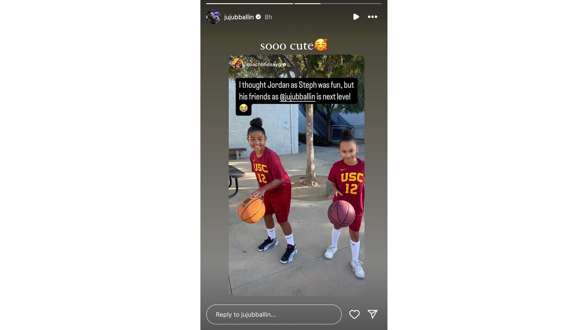 JuJu Watkins&#039; reaction to Lindsay Gottlieb (Credit: Instagram/@jujuballin)