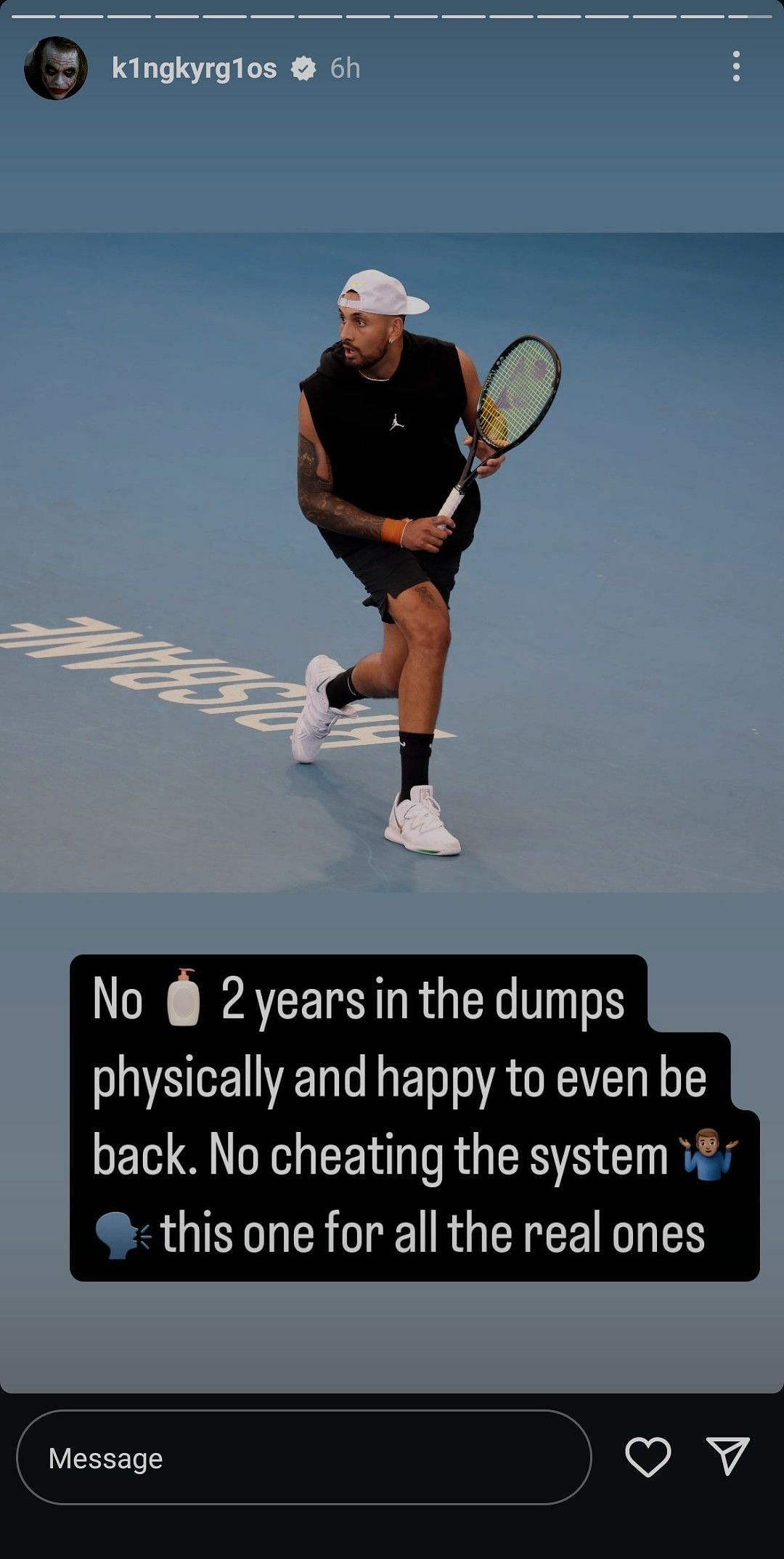 Screenshot of Kyrgios&#039; Instagram story (image via: Kyrgios Instagram handle)