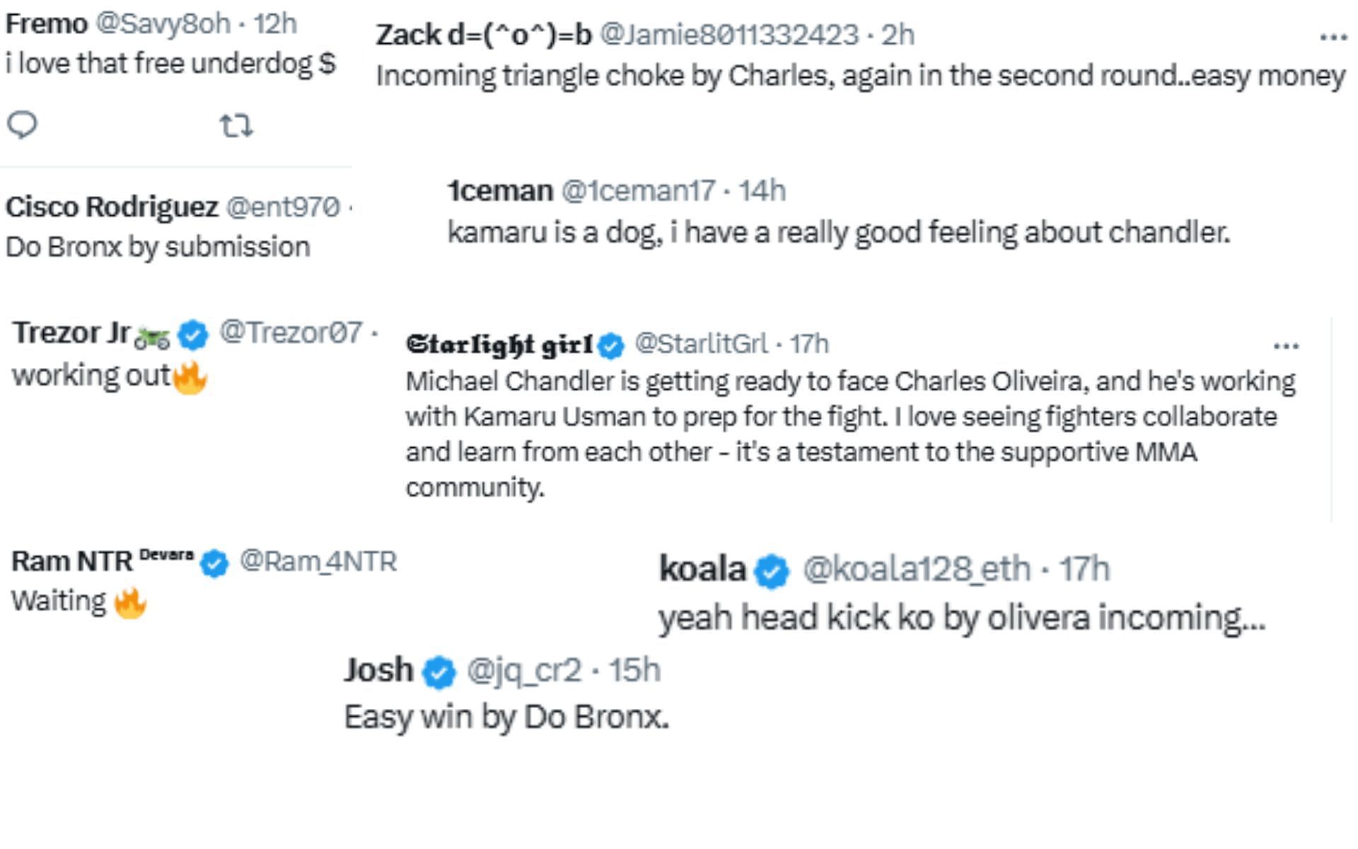 Screenshot of fan reactions to Michael Chandler training with Kamaru Usman