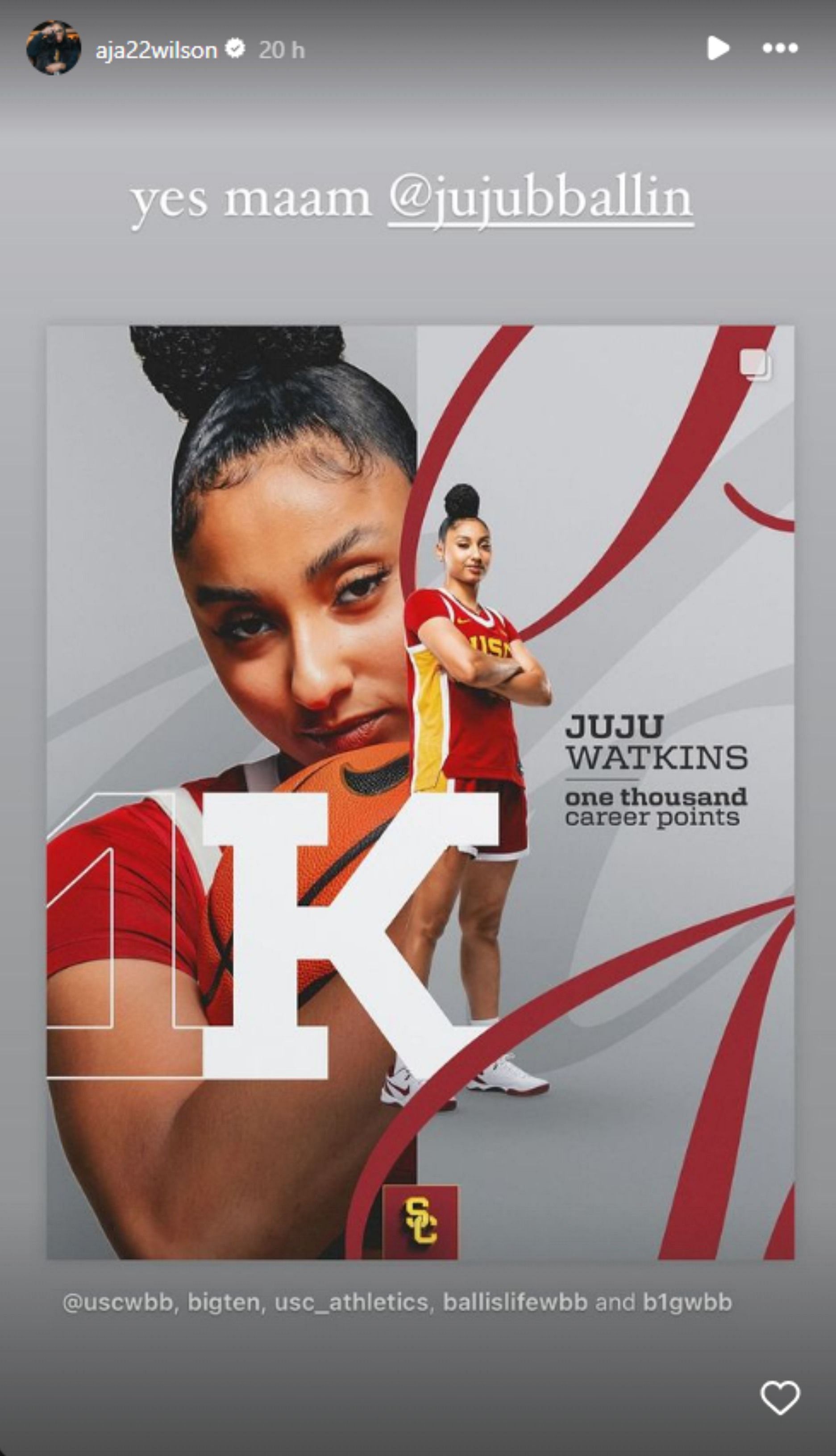 A&#039;ja Wilson celebrates JuJu Watkins&#039;s milestone (Credits: IG/@aja22wilson)