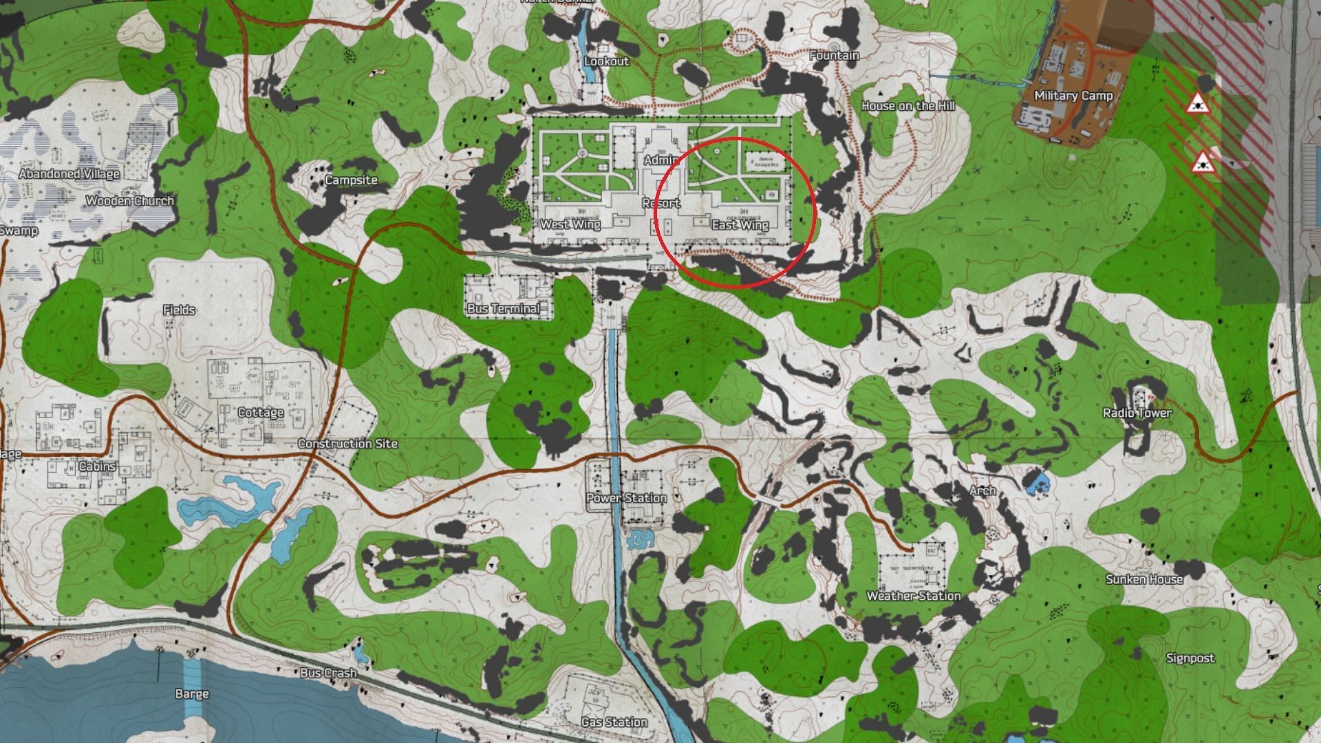 Location of the east wing of the Health Resort on Shoreline (Image via Battlestate Games II Map Genie)