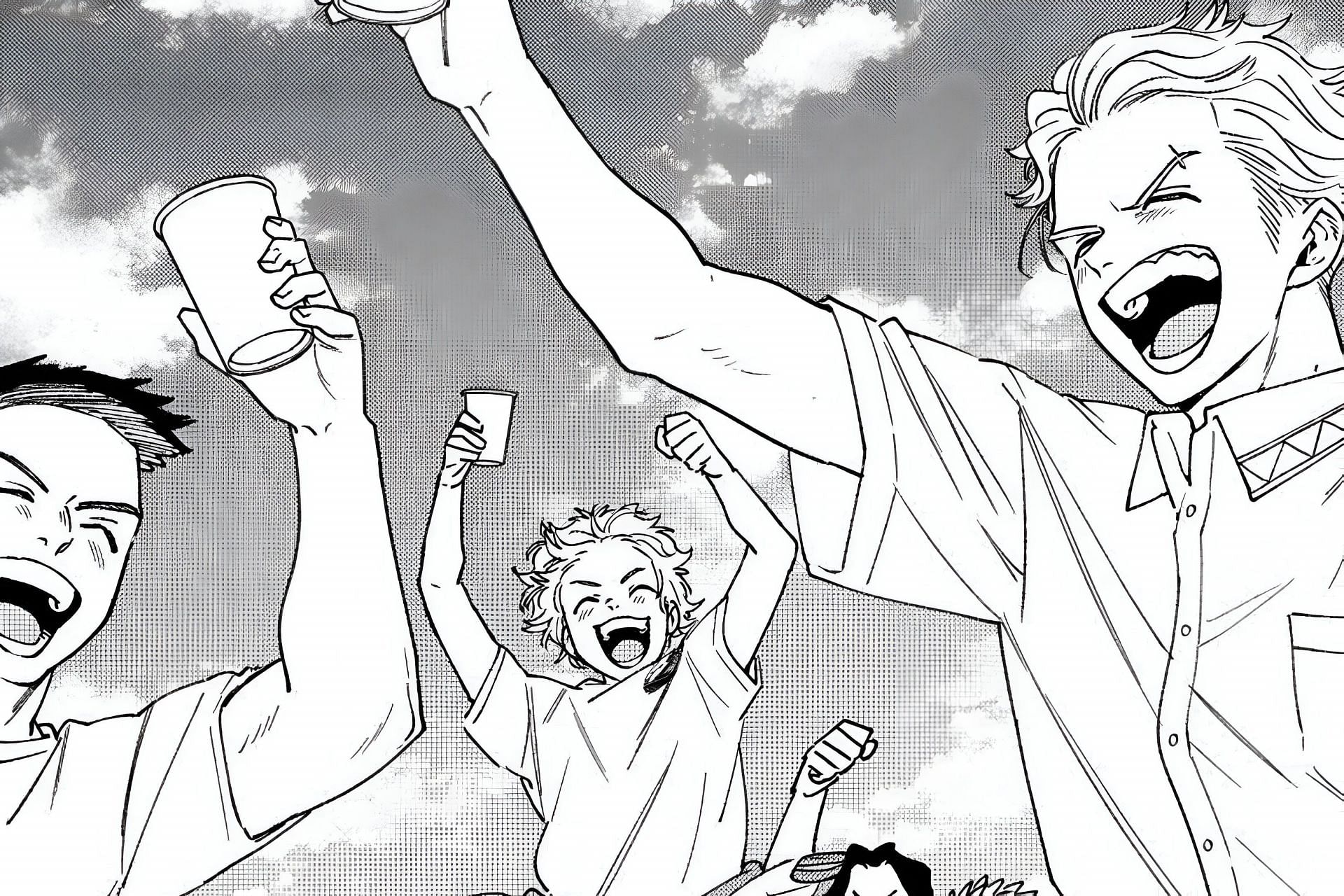 Everyone, again, toasting to Furrin&#039;s victory (Image via Kodansha)