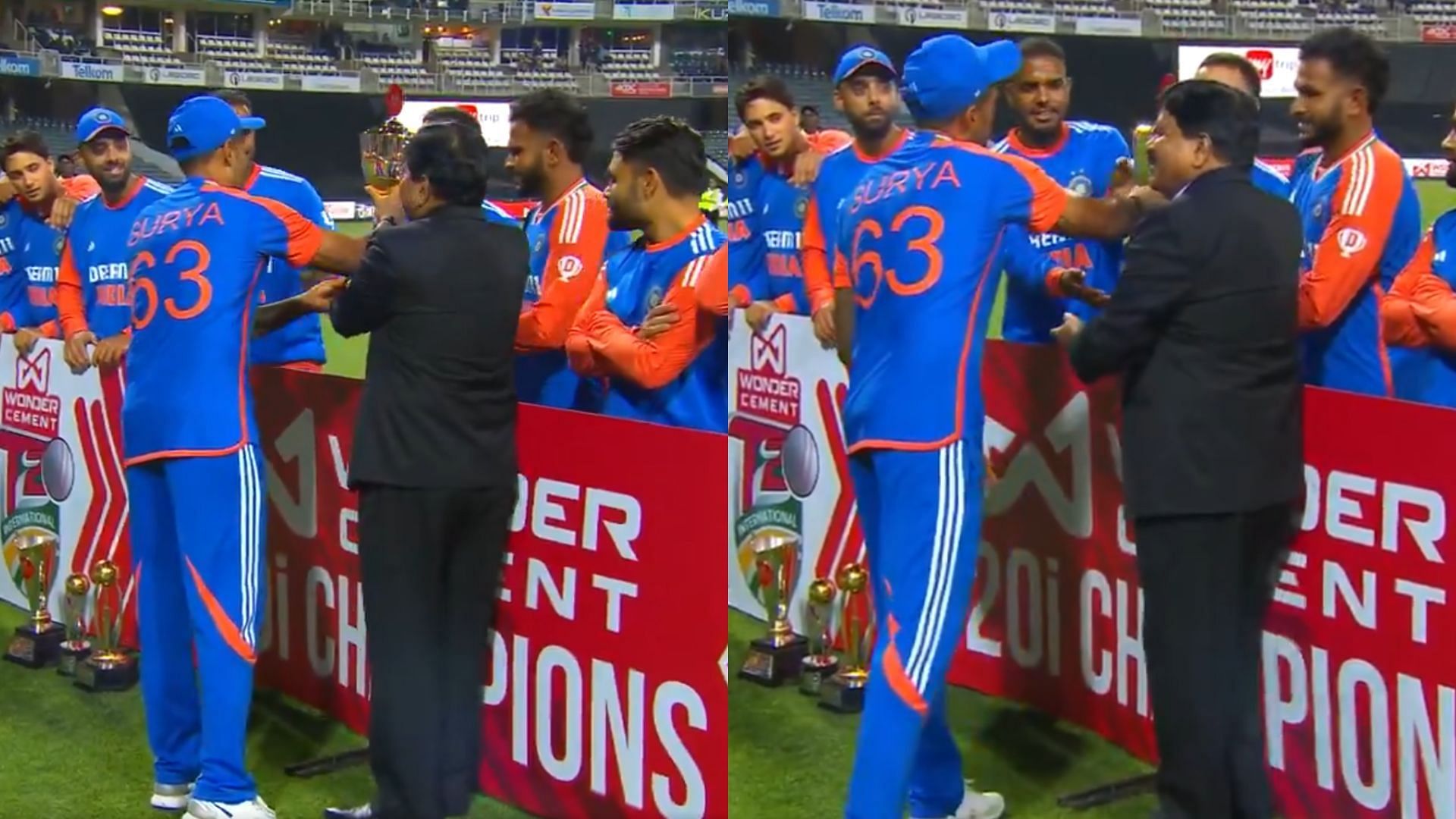 Suryakumar Yadav hands over the trophy to Ramandeep Singh as they celebrate the series win (Image credits: JioCinema)