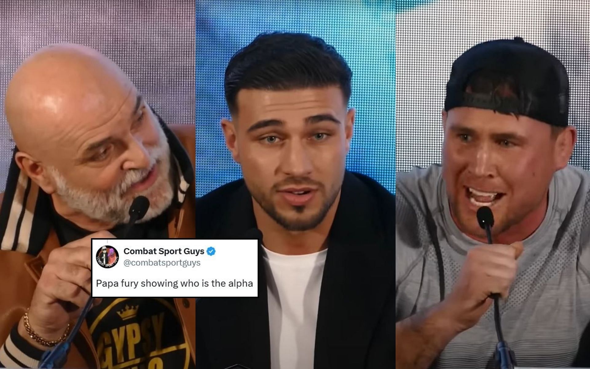 Fans react (insert) to John Fury (left), Tommy Fury (middle) and Darren TIll (right) almost got into a brawl today. [Image credit: DAZN X Series on YouTube, @ChampRDS on X]