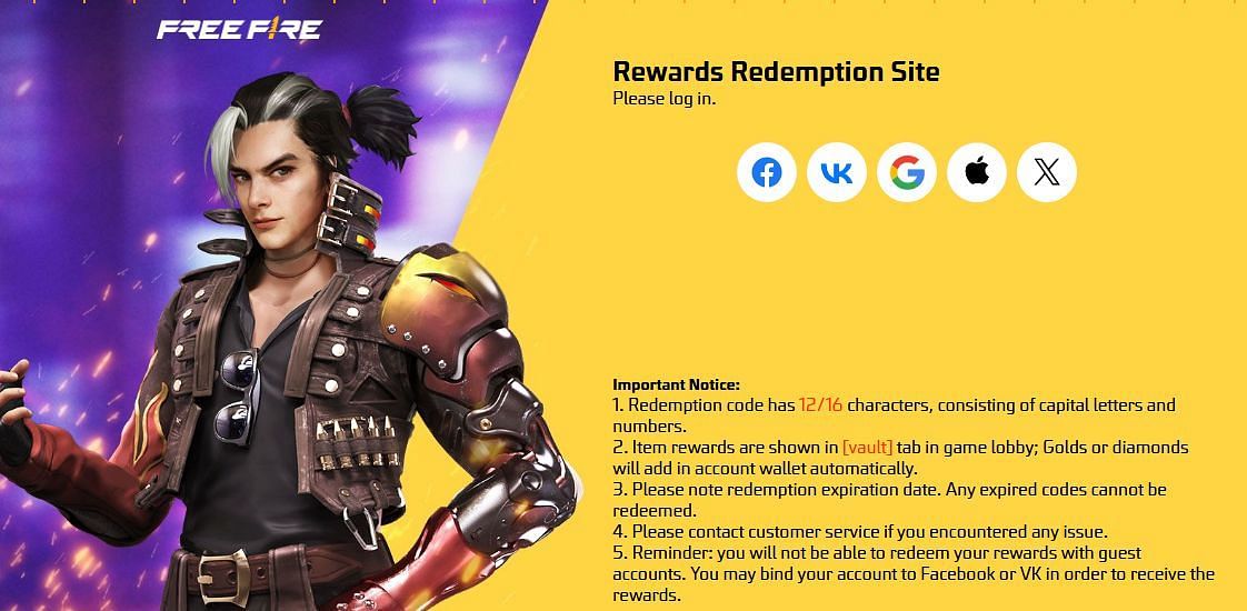 रिडीम कोड की आधिकारिक रिडिम्प्शन वेबसाइट (Image via reward.ff.garena.com)