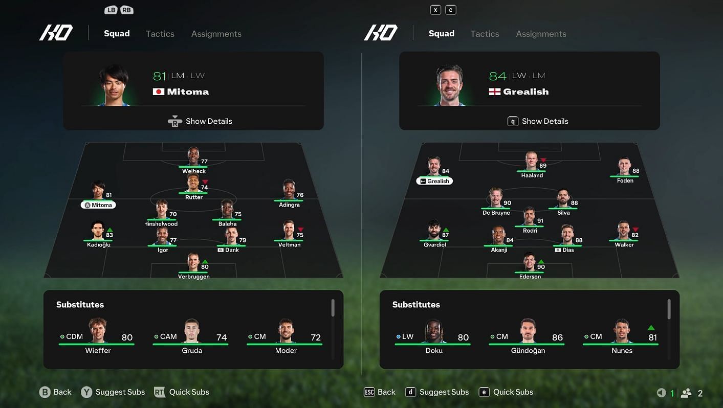 Brighton vs Manchester City: Formation comparison (Image via EA Sports)