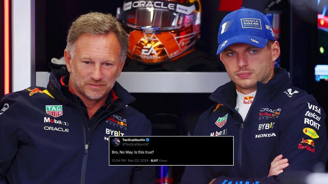 In Picture: Christian Horner and Max Verstappen (from Left). Credit: Getty Images. Fan reaction by x.com/TacticalSports7