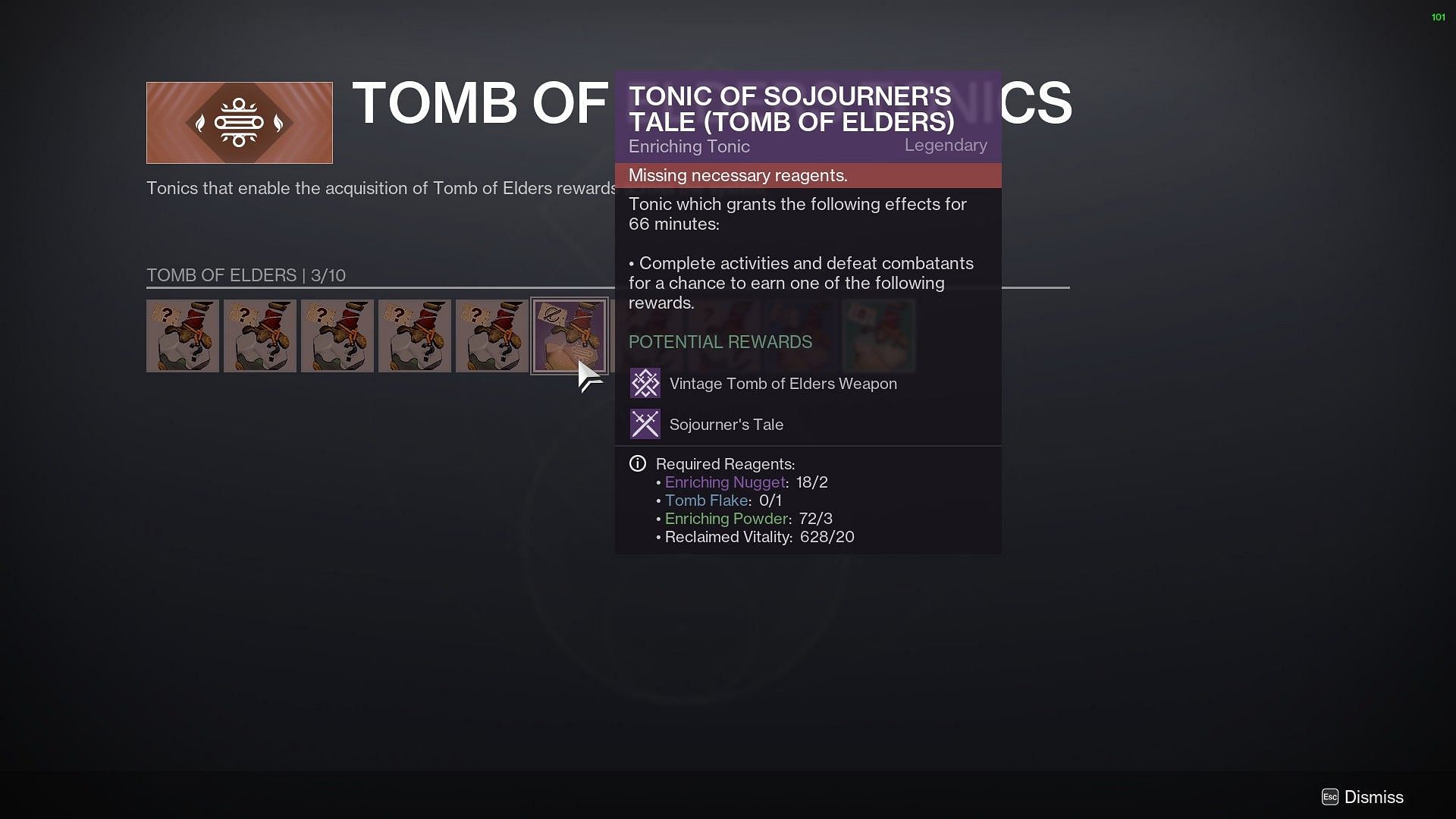 Tomb of Elders tonic for Sojourner's Tale in Destiny 2 (Image via Bungie)