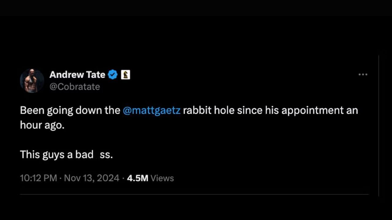 Andrew Tate's comments on Matt Gaetz's nomination (Image via X/@Cobratate)