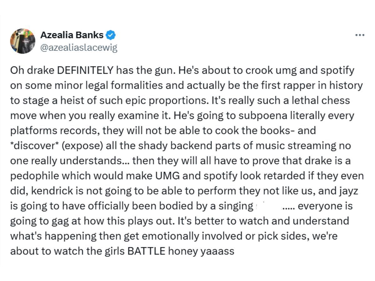 Azealia Banks&#039; tweet on Drizzy&#039;s legal action against UMG (Image via X/ @azealiaslacewig)