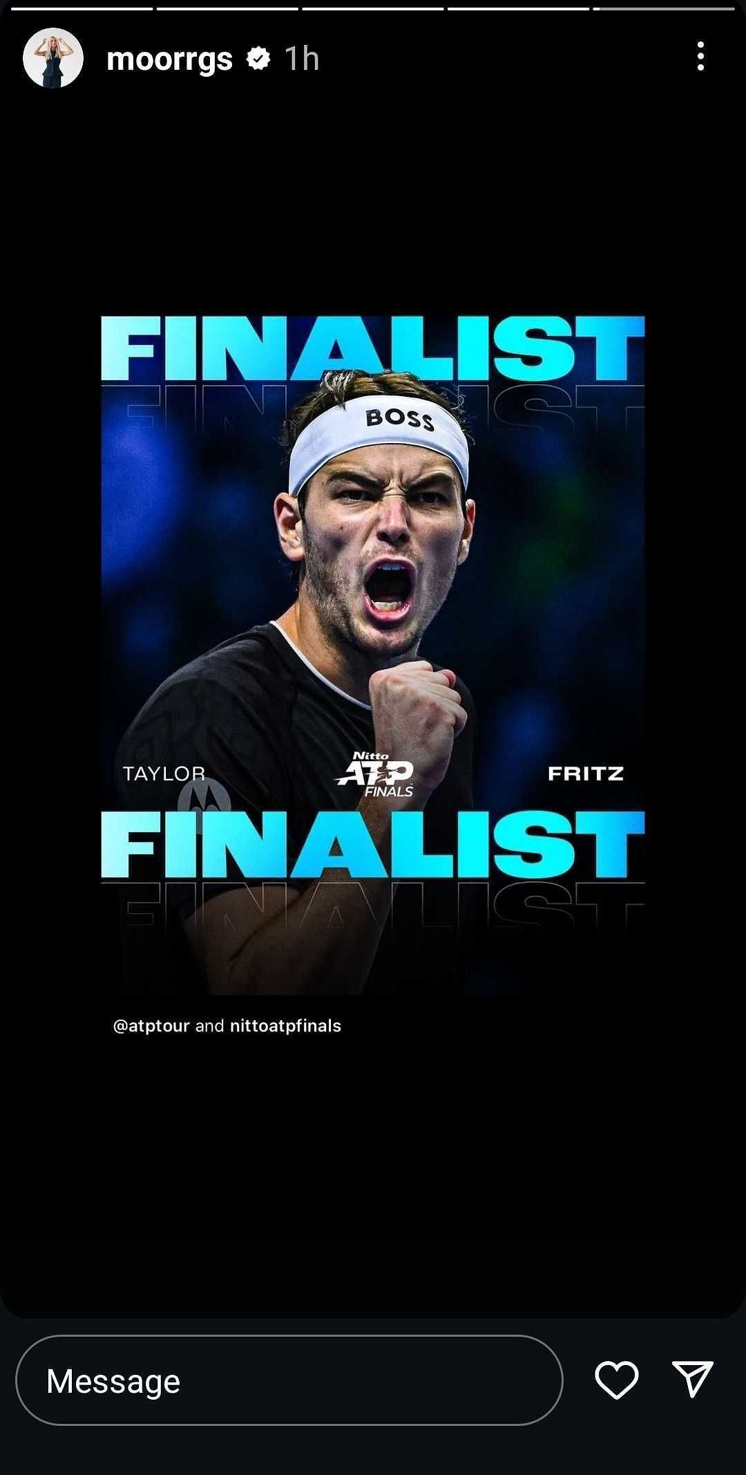 Morgan Riddle&#039;s Instagram Story featuring Taylor Fritz celebrating his 2024 Nitto ATP Finals semifinal win over Alexander Zverev (Source: Instagram/Morgan Riddle)