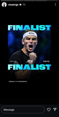 Morgan Riddle's Instagram Story featuring Taylor Fritz celebrating his 2024 Nitto ATP Finals semifinal win over Alexander Zverev (Source: Instagram/Morgan Riddle)