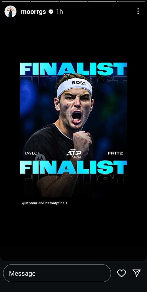 Morgan Riddle's Instagram Story featuring Taylor Fritz celebrating his 2024 Nitto ATP Finals semifinal win over Alexander Zverev (Source: Instagram/Morgan Riddle)