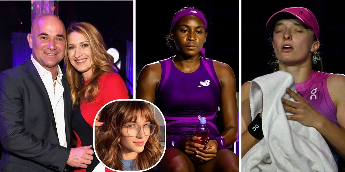 Andre Agassi and Steffi Graf with their daughter Jaz and Coco Gauff and Iga Swiatek