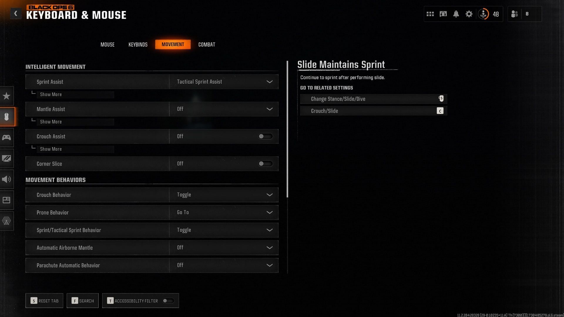 Movement settings for keyboard and mouse players (Image via Activision)