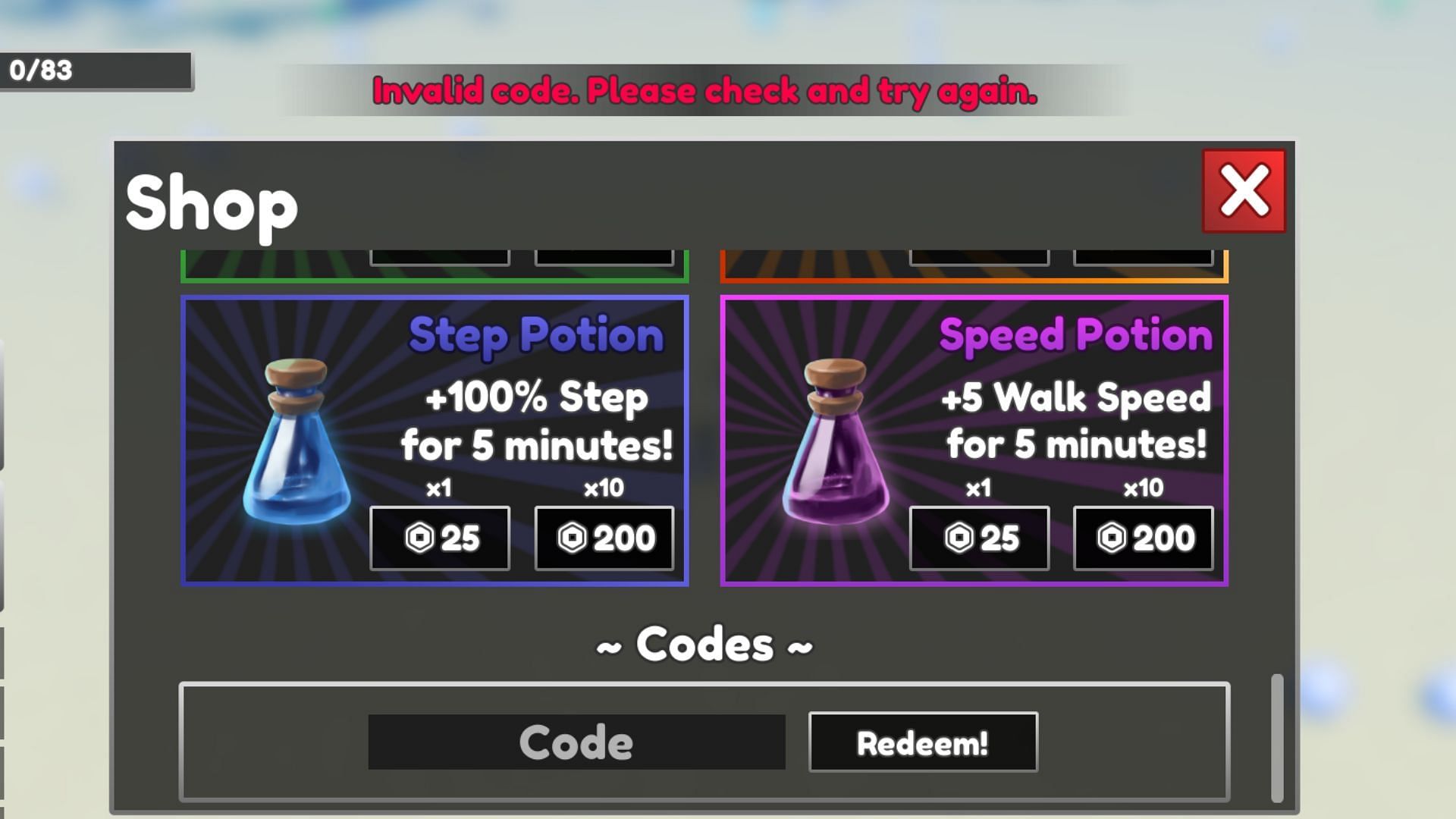 Speed RNG invalid code issue (Image via Roblox)