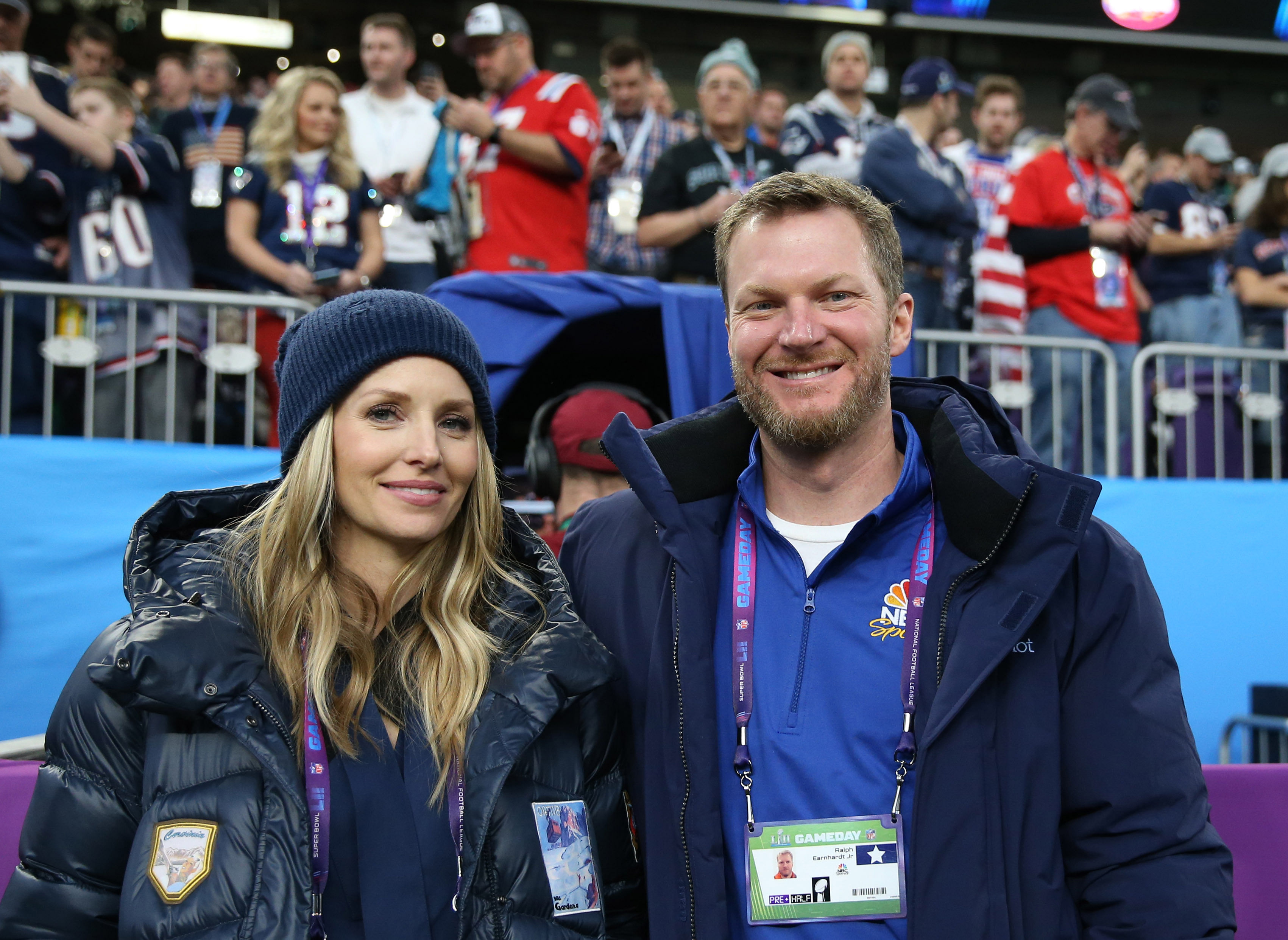 NASCAR retired driver Dale Earnhardt Jr. and wife Amy Reimann in attendance before Super Bowl LII (Credit: Imagn Images)