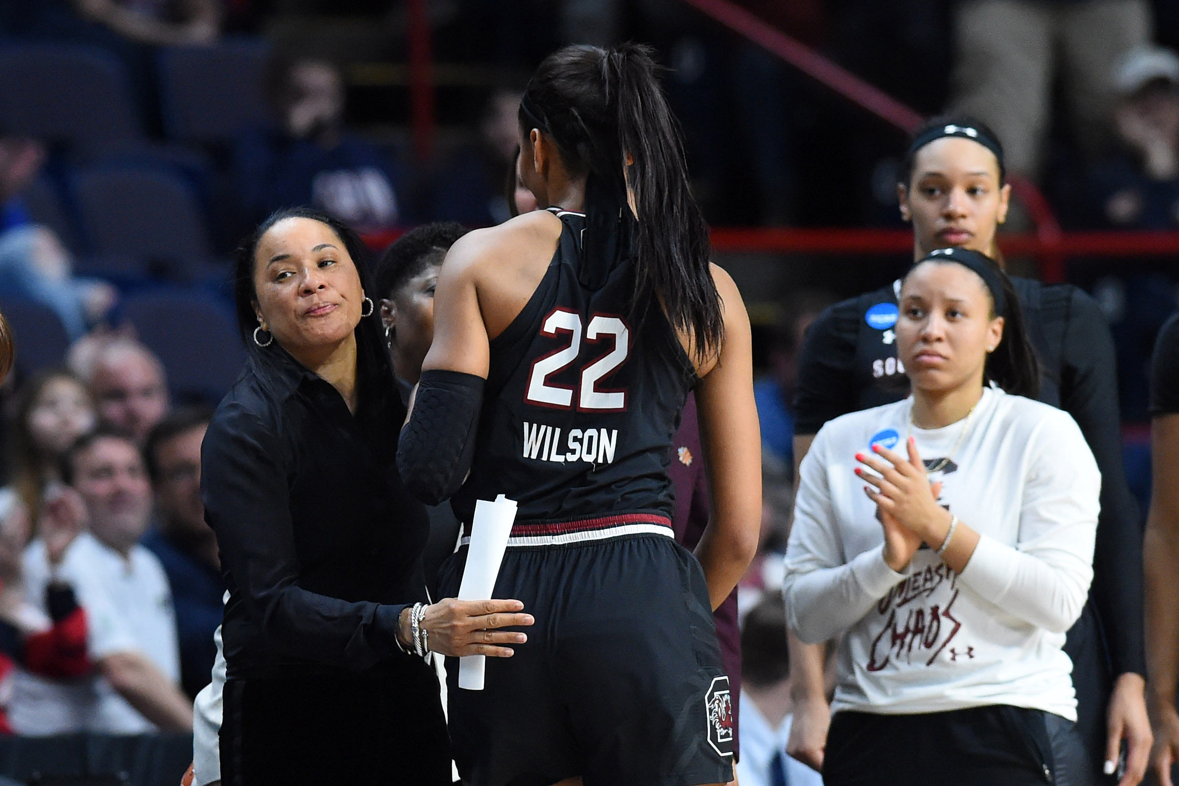 South Carolina head coach Dawn Staley greets forward A&#039;ja Wilson (22) on the sidelines after being taken out of the game against Connecticut in the 2018 NCAA Tournament. Photo: Imagn