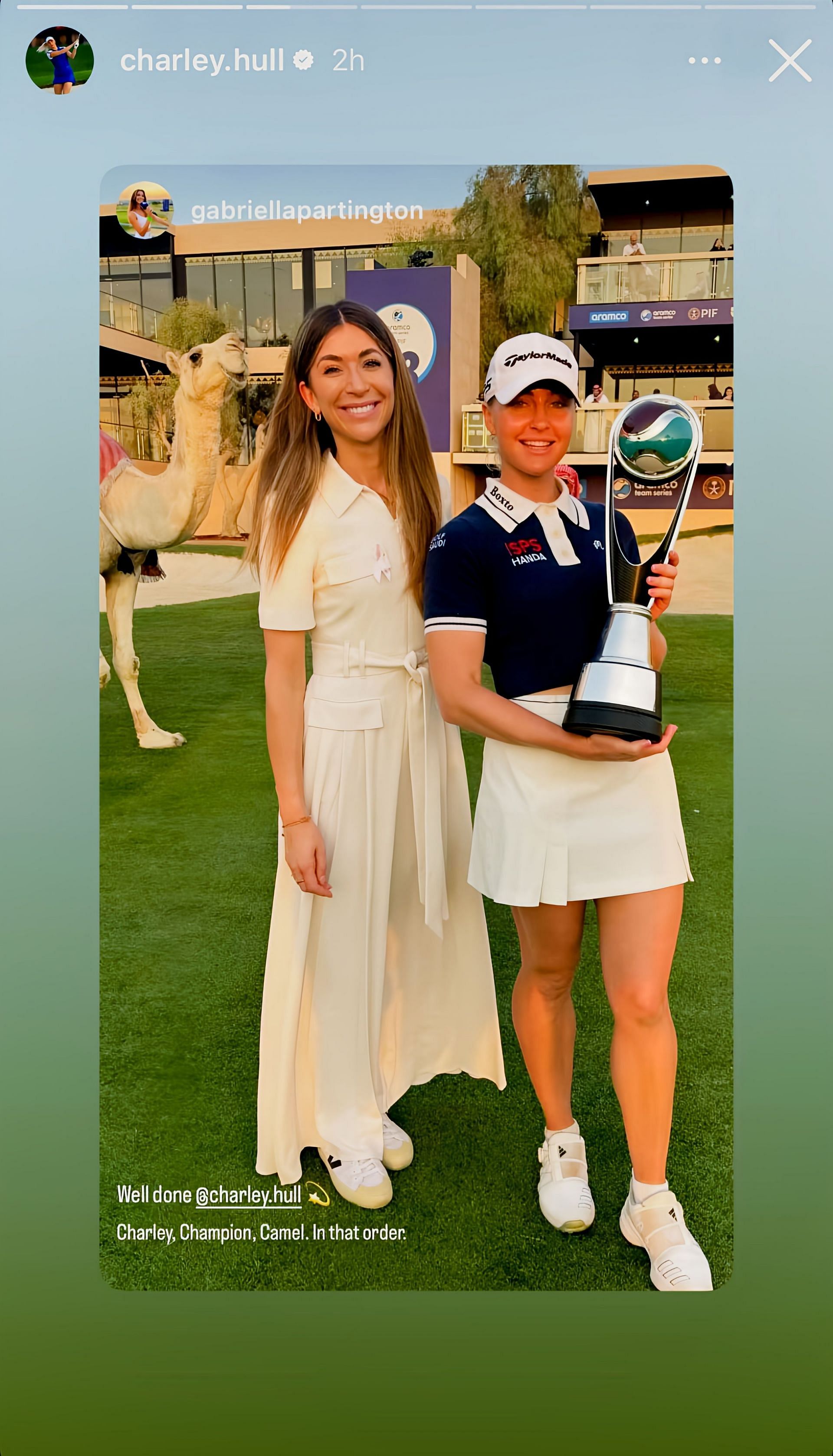 Charley Hull reshares her picture with a trophy on Instagram. Image via Instagram @charley.hull