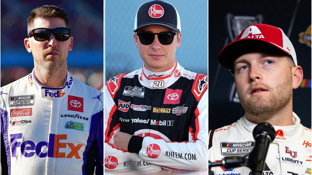 NASCAR drivers Denny Hamlin (L), Christopher Bell (M), and William Byron (R) [Imagn]