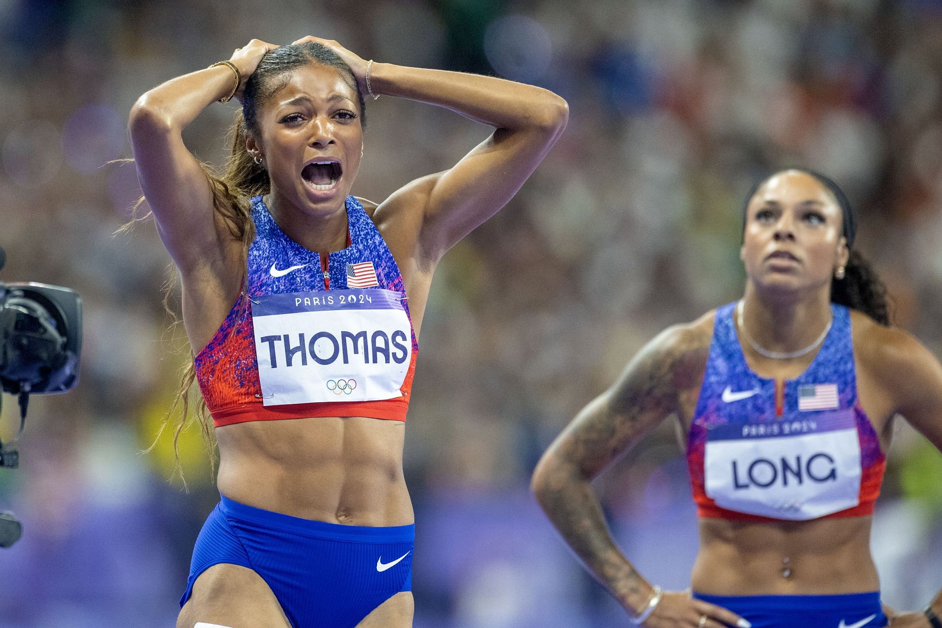 Gabby Thomas celebrating after winning the women&#039;s 200m event at the Paris Olympics [Image Source : Getty]