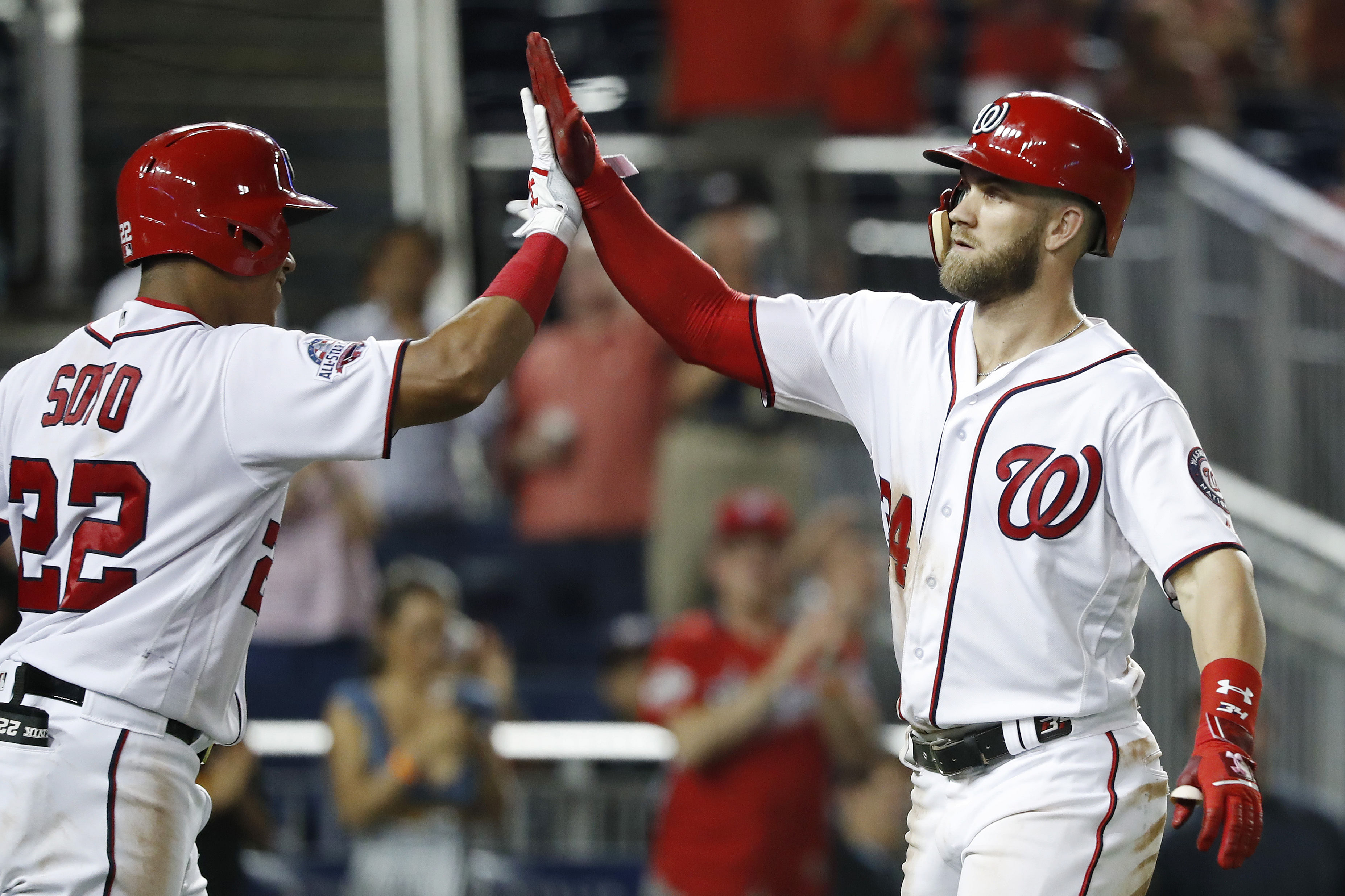 Juan Soto was teammates with Bryce Harper during his rookie season with the Nationals (Photo Credit: Imagn)