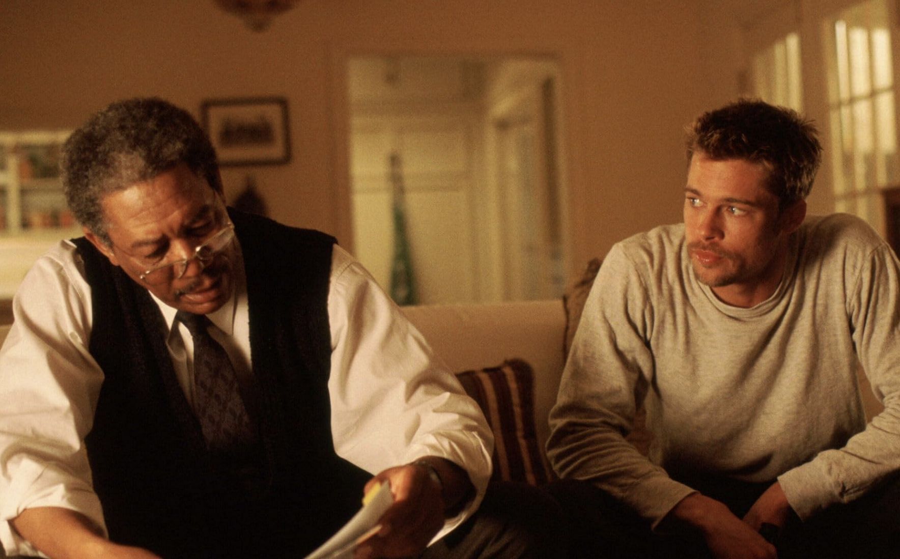 Brad Pitt and Morgan Freeman in Se7en (Image via New Line Cinema)