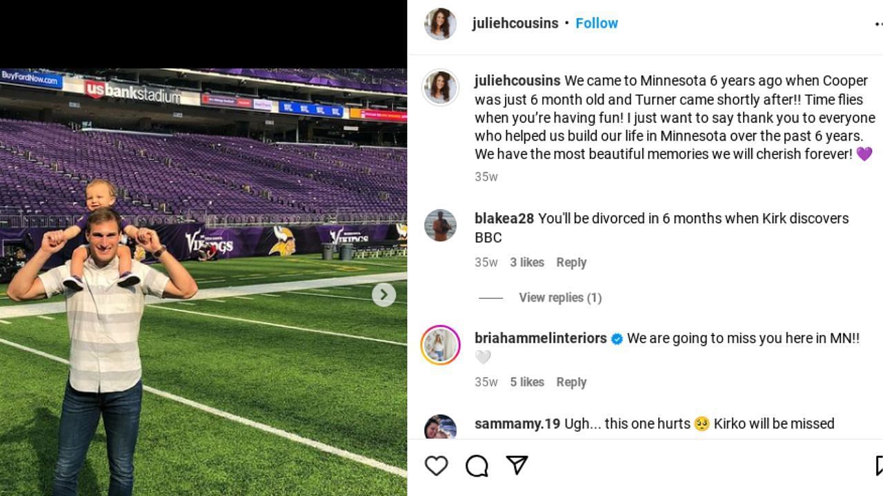 Julie Cousins pens a heartfelt note after Kirk Cousins signed with the Falcons. (Source: IG: @juliehcousins)