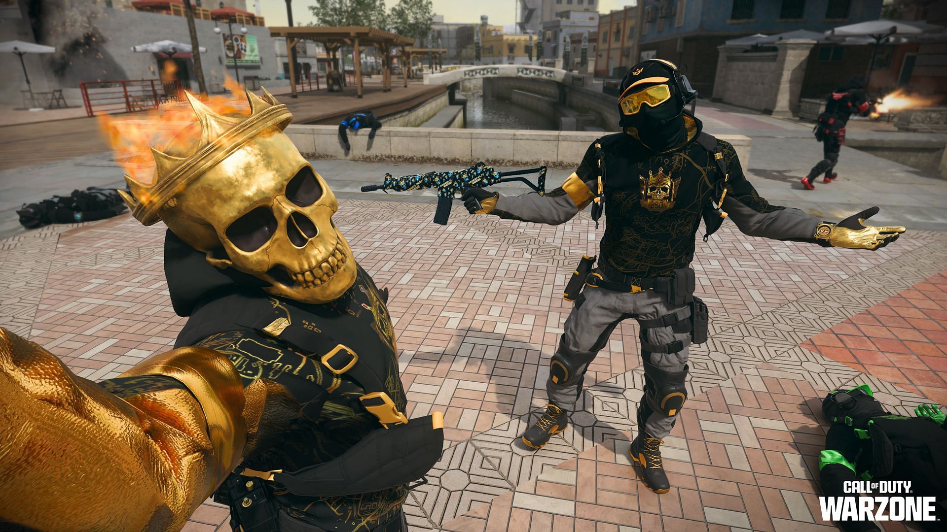 Two Gold Masked Operators in Warzone clicking a selfie 