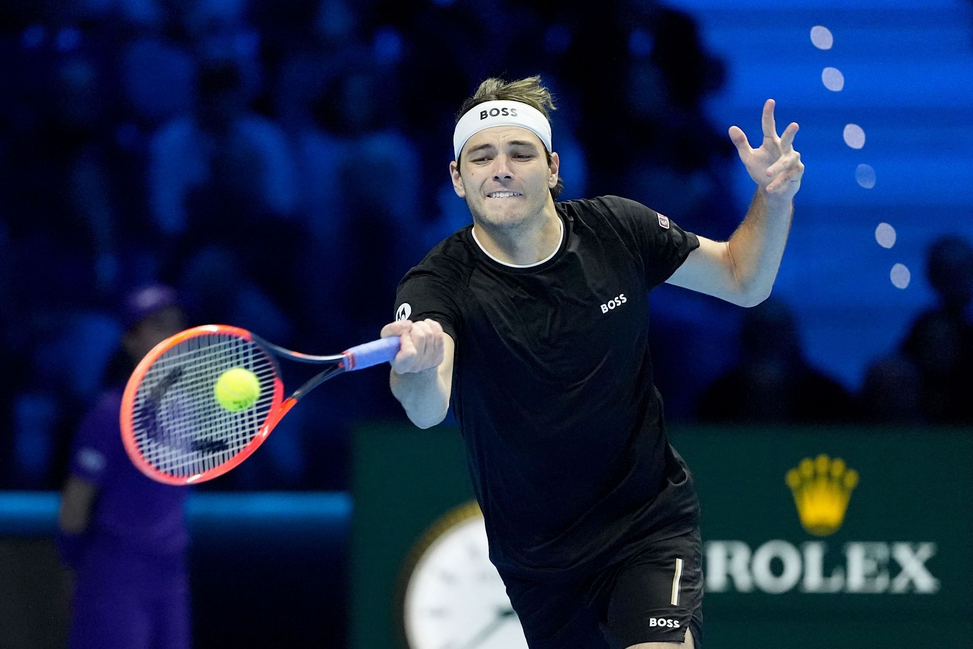 Taylor Fritz hits a forehand during his 2024 Nitto ATP Finals semifinal match against Alexander Zverev (Source: Getty)